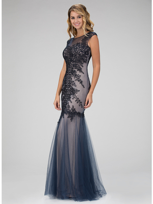 GL1309H Tulle Mermaid Prom Evening Dress with Corded Details, Navy