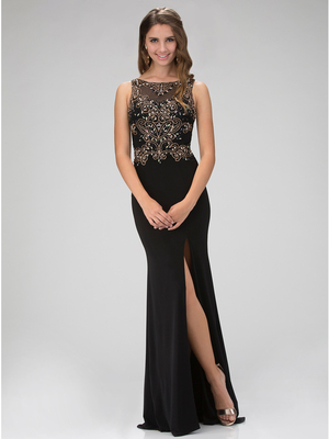 GL1322X Sleeveless Embellished Top Evening Dress with Slit, Black