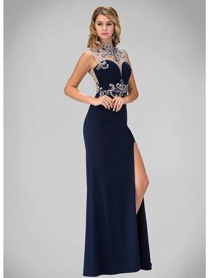 GL1327X Sleeveless High Neck Jeweled Prom Evening Dress with Slit, Navy