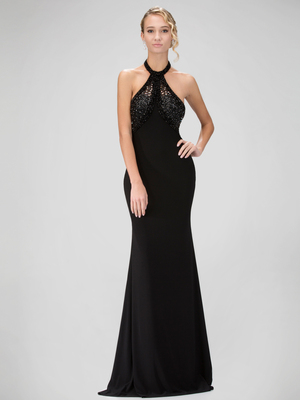 GL1330X Thin Strapped Halter Top Prom Evening Dress, Black