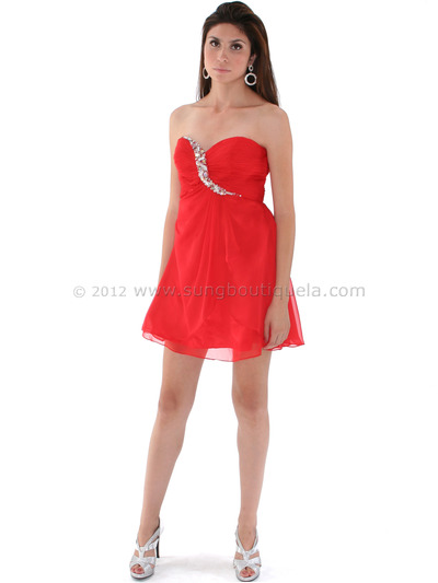 HK5744 Red Shirred Front Jeweled Homecoming Dress - Red, Front View Medium