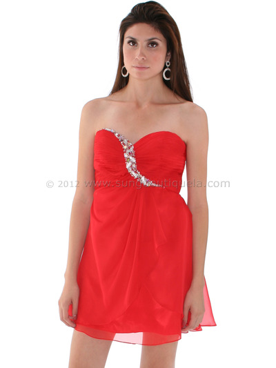 HK5744 Red Shirred Front Jeweled Homecoming Dress - Red, Alt View Medium