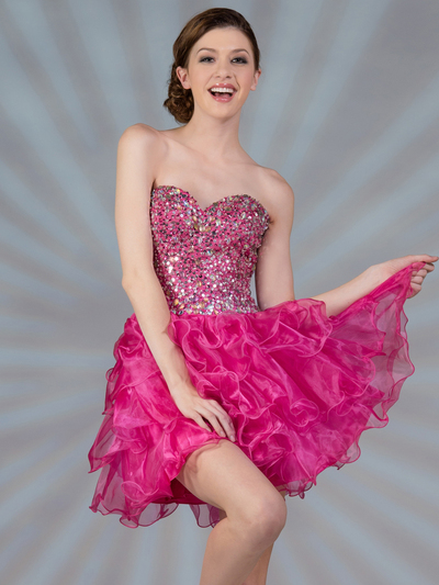 JC063 Sweetheart Beaded Fuschia Short Prom Dress - Fuschia, Front View Medium