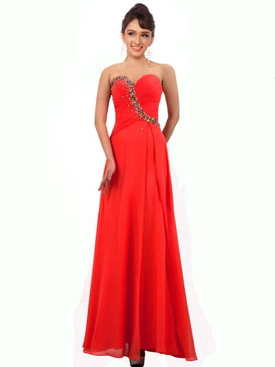 JC1405 Coral Sweetheart Ruched Evening Dress - Coral, Front View Medium