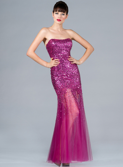 JC2207 Fuschia Sequin and Mesh Evening Dress - Fuschia, Front View Medium