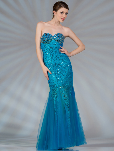 JC2251 Blue Mermaid Jeweled and Sequin Prom Dress - Blue, Front View Medium