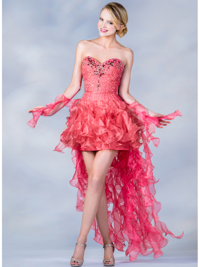 JC2419 Coral Handkerchief High Low Prom Dress - Coral, Front View Medium