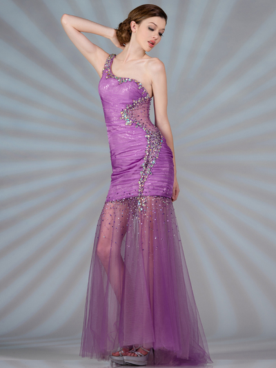 JC2453 One Shoulder Mesh Cut Out Evening Dress - Light Purple, Front View Medium