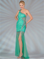 JC2453 One Shoulder Mesh Cut Out Evening Dress - Mint, Front View Thumbnail