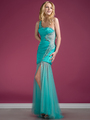 JC2453 One Shoulder Mesh Cut Out Evening Dress - Turquoise, Front View Thumbnail