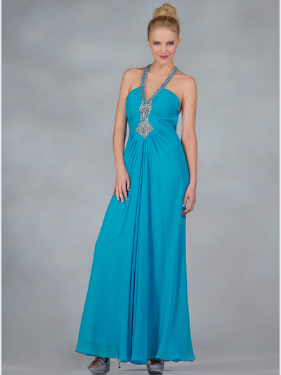 JC2493 Chiffon Halter Evening Dress - Ocean Blue, Front View Medium