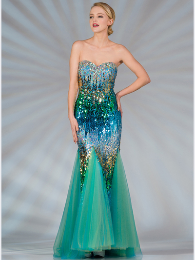 JC2517 Blue and Green Sequin Mermaid Prom Dress - Multi, Front View Medium