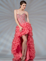JC8115 Coral High Low Corset Inspired Prom Dress - Coral, Front View Thumbnail