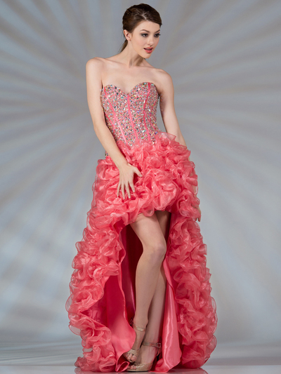 JC8115 Coral High Low Corset Inspired Prom Dress - Coral, Front View Medium