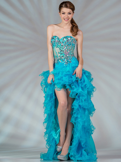 JC858 Sheer Corset High Low Dress - Dark Turquoise, Front View Medium