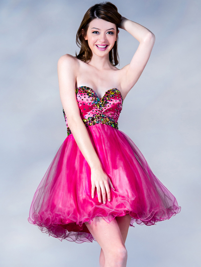 JC894 Multi Color Stone Prom Dress - Fuschia, Front View Medium