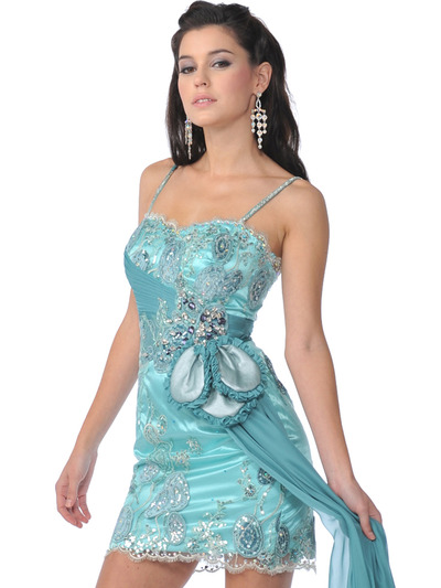 K21114 Blue Lace Overlay Cocktail Dress with Sequin and Sash - Blue, Front View Medium