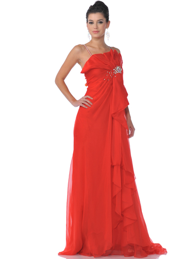 K21115 Red Sequins Strap Chiffon Evening Dress with Sparkling Jewel - Red, Front View Medium