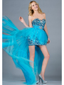 K5235 Blue and Silver Sequin Short Prom Dress with Train - Blue, Front View Thumbnail
