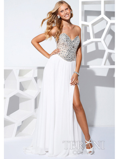 P1529 Sweetheart Long Prom Dress with Slit By Terani - White, Front View Medium