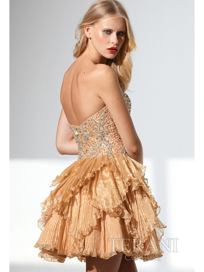 P1583 Jeweled Sweetheart Short Prom Dress By Terani - Gold, Back View Medium