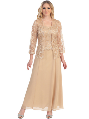 S8466 Long Evening Dress with 3/4 Sleeve Lace Jacket, Gold