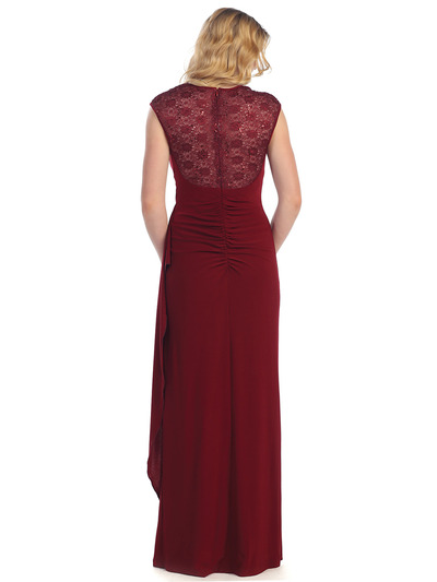 S8766 Lace Cap Sleeve Evening Gown - Burgundy, Back View Medium