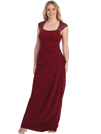 S8766 Lace Cap Sleeve Evening Gown - Burgundy, Front View Medium