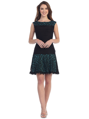 S8783 Boat Neckline Sleeveless Lace Cocktail Dress, Black Teal