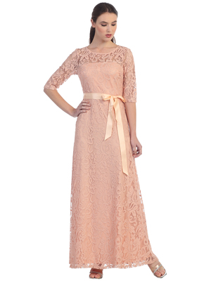 S8793 Three Quarter Sleeve Lace Evening Dress, Peach