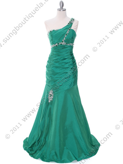 C1646 Green One Shoulder Evening Dress - Green, Front View Medium