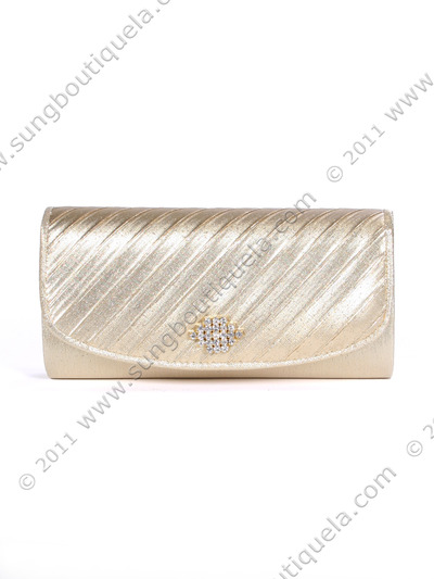 HBG89985 Gold Satin Evening Bag with Rhinestone Crust - Gold, Front View Medium